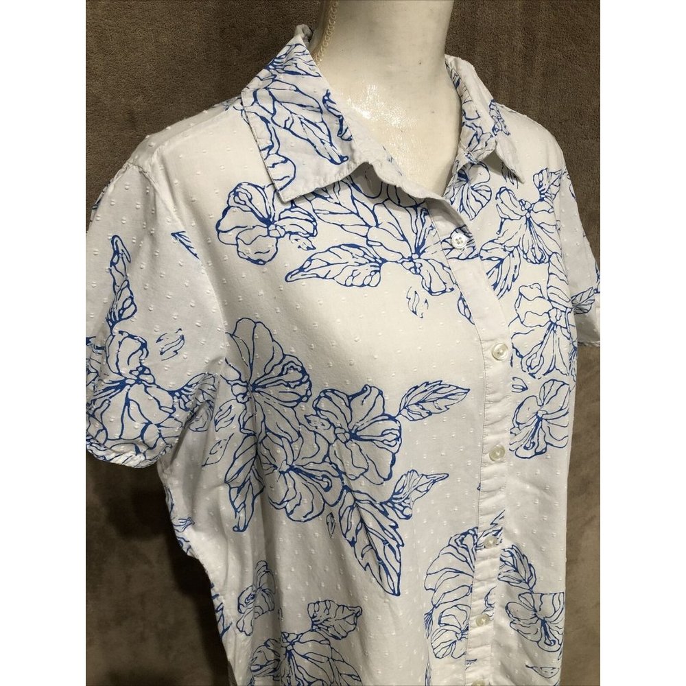 2X Plus Top Blouse White Blue Floral 100% Cotton #391